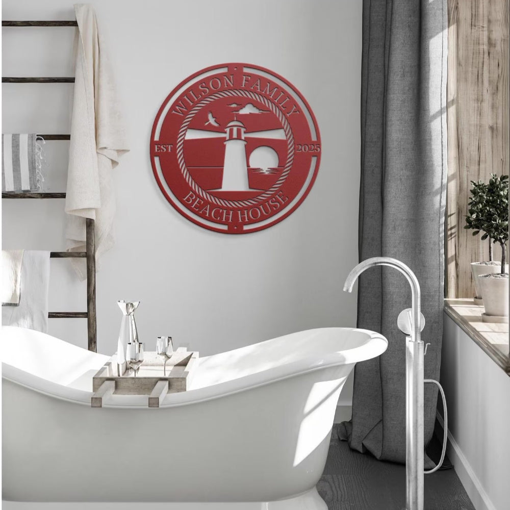 Custom Beach House Metal Sign In Bathroom
