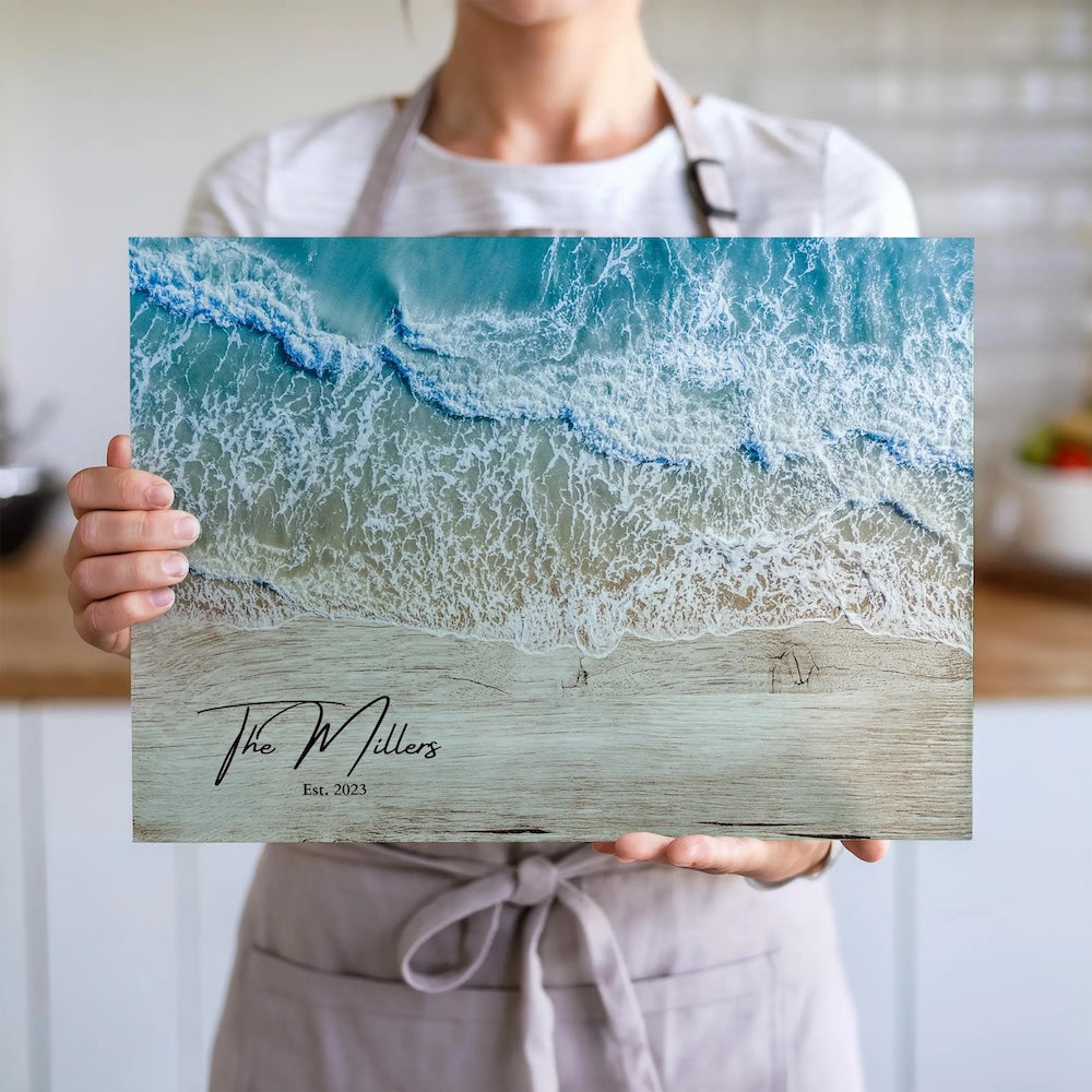 Personalized Beach House Glass Cutting Board – Custom Coastal Kitchen Decor